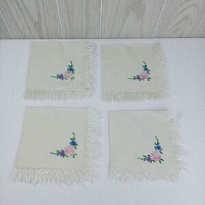VTG 4 beige cloth napkins embroidered fringe pink blue purple flowers leaves.
